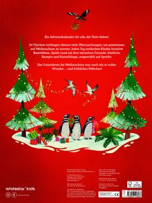 Text über einem Adventskalender für Tierliebhaber, um Weihnachten zu feiern. Illustration mit Pinguinen, Weihnachtsbäumen und Geschenken.