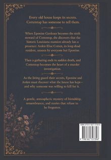 Text über ein altes Haus voller Geheimnisse und eine Mordermittlung. Florales Design an den Ecken, dunkelblauer Hintergrund.