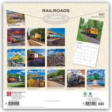 "RAILROADS", "EARTH FRIENDLY", "2027", "16-Month Calendar". Fotos von Eisenbahnen, Monatsnamen von Januar bis Dezember.