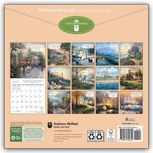 "THOMAS KINKADE Lightposts for Living™" und "PLASTIC-FREE PACKAGING" oben. Kalenderbilder und Naturmotive darunter.