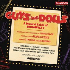 "Guys and Dolls: A Musical Fable of Broadway" in roten und goldenen Buchstaben. Instrumente als Umrisse im Hintergrund.