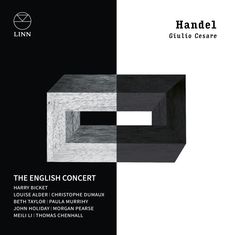 Texte: "Handel Giulio Cesare", "THE ENGLISH CONCERT". Schwarz-weiße geometrische Form mit rechteckigem Muster.