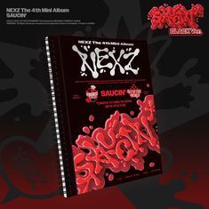 "NEXZ The 4th Mini Album, SAUCIN'. Out of this World. BLACK Ver. Illustration. Rote und weiße Schrift, Spritzer-Design."