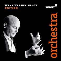 Text: "Hans Werner Henze Edition", "Wergo", "orchestra". Schwarz-weißes Porträt eines Dirigenten in Aktion.