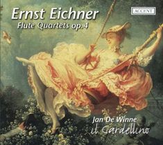 "Ernst Eichner Flute Quartets op.4" und "Jan De Winne il Gardellino" in einer klassischen Gemälde-Szene mit Frau auf Schaukel.