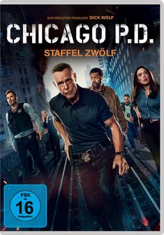 „Chicago P.D. Staffel Zwölf“, „Von Executive Producer Dick Wolf“. Eine Gruppe Polizisten in einer Stadtstraße. FSK 16.