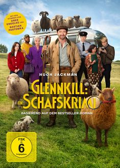 Texte: "GLENNKILL: EIN SCHAFSKRIMI. Eine Herde für alle Fälle. Nur im Kino." Menschen und Schafe auf einer Wiese.