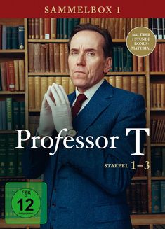 "SAMMELBOX 1", "über 1 Stunde Bonusmaterial", "Professor T", "Staffel 1-3". Ein Mann in Anzug vor Bücherregal.