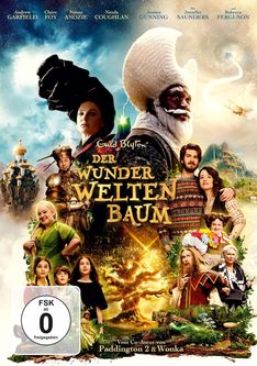 "Der Wunderweltenbaum" steht in goldenen Buchstaben vor einem Fantasiehintergrund mit abenteuerlichen Charakteren.