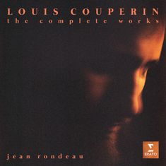 Der Text "Louis Couperin the complete works" und "jean rondeau". Eine dunkel gehaltene, stimmungsvolle Illustration eines Mannes.