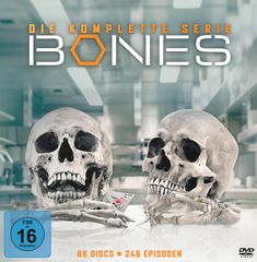 "DIE KOMPLETTE SERIE BONES" in Weiß und Orange. Zwei Schädel und Knochen auf einem Tisch. Links FSK 16 Logo.