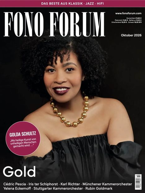 Titel: FONO FORUM. Oktober 2026. Oben: Das Beste aus Klassik - Jazz - Hifi. Frau mit schwarzen lockigen Haaren, goldene Kette.