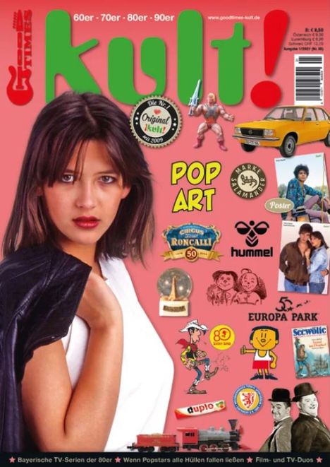 „kult!“ steht groß in der Mitte. Umgeben von Retro-Logos, einer Frau, einem Auto, Spielsachen und Comicfiguren.