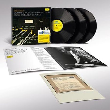 Plattencover mit Text: "Steve Reich Drumming: Music for Mallet Instruments, Voices and Organ, Six Pianos". Dazu Schallplatten und Booklet.