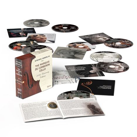"STEVEN ISSERLIS plays THE MARQUIS DE CORBERON CELLO." Box mit CDs und einem geöffneten Booklet auf unscharfem Hintergrund.