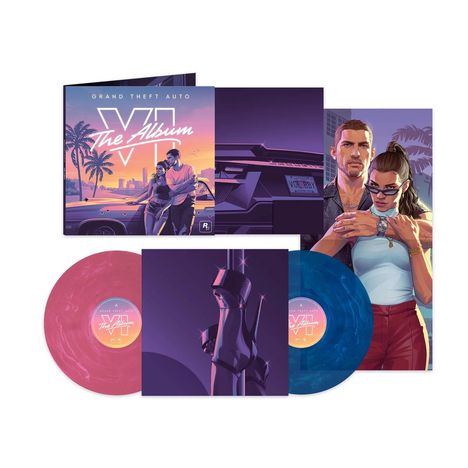 Das Bild zeigt Schallplatten von "Grand Theft Auto VI The Album" in Blau und Rosa mit Illustrationen im Hintergrund.