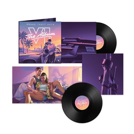 "Grand Theft Auto VI: The Album" steht auf einem Cover mit Strandszene, Autoabbildung, Paar auf Sofa und High Heels.