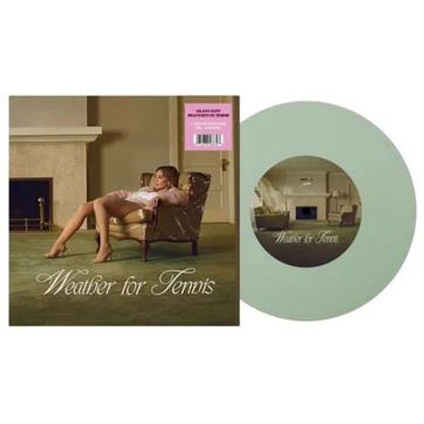 "Weather for Tennis" auf Albumcover mit sitzender Person. Die Schallplatte ist grün.
