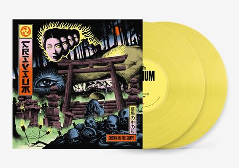 Die Texte „TRIVIUM“ und „CROWN IN THE GRAVE“ erscheinen in einem Coverartwork. Szene mit Torii, Gesichtern und Totenköpfen.