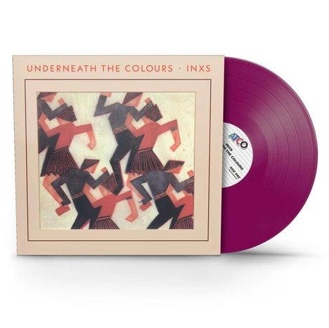 Text: "UNDERNEATH THE COLOURS · INXS". Ein violettes Vinyl mit abstrakter Illustration tanzender Figuren in Rot und Schwarz.