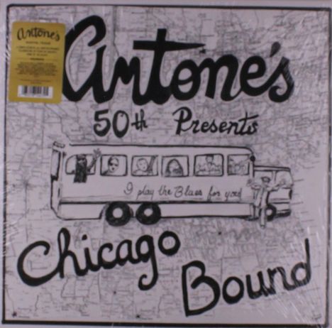 "Antone's 50th Presents Chicago Bound" mit einer Illustration eines Busses und Menschen drin, Karte im Hintergrund.