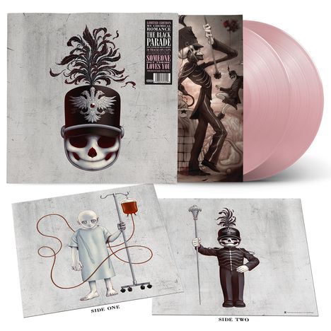 Texte: "Side One", "Side Two", "Someone Loves You". Eine Illustration: Skelett in Uniform, weitere Figuren mit Infusionsständer.