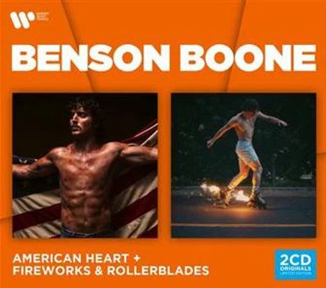 Text oben: "BENSON BOONE". Unten: "AMERICAN HEART + FIREWORKS & ROLLERBLADES". Zwei Fotos mit einer Person.