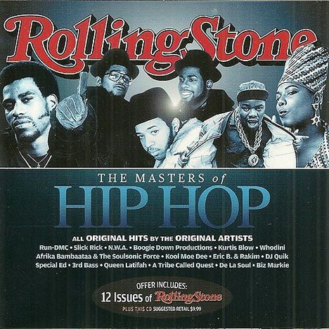 "Rolling Stone" in Rot. "The Masters of Hip Hop" in Blau, umgeben von Porträts berühmter Rap-Künstler.