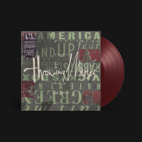 Grüner Text "AMERICA STAND UP" auf grauem Hintergrund. "Throwing Muses" in Handschrift, rote Schallplatte.