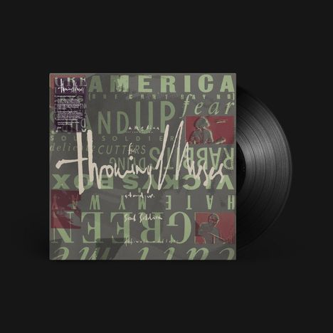"Throwing Muses" steht groß in der Mitte auf einem Cover mit grünem und grauem Hintergrund, versehen mit Textfragmenten und kleinen Bildern von Musikern.