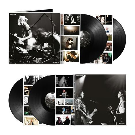 "Warpaint", "ARTIFACT". Schwarz-weiße Cover mit Bandfotos, Vinyl-Schallplatten und kleinen Farbbildern von Menschen.