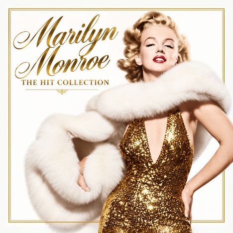 „Marilyn Monroe: The Hit Collection“. Frau in goldenem Paillettenkleid und weißem Pelz, retro Glamour-Stil.