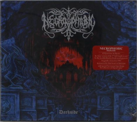 Oben steht "NECROPHOBIC", darunter "Darkside". Eine düstere, gotische Illustration mit Drachenstatuen und rotem Himmel.