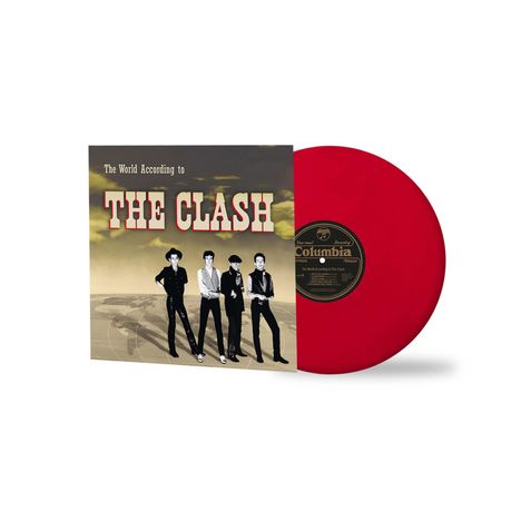 „The World According to THE CLASH“ in großen Buchstaben über einem Foto von vier Männern. Eine rote Schallplatte ist sichtbar.