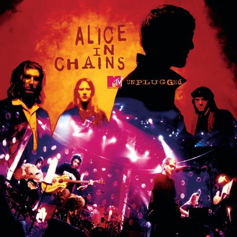 "Alice In Chains MTV Unplugged" in großen Buchstaben. Rotes, düsteres Albumcover mit Silhouetten und Konzertszene. Zwei schwarze Schallplatten.