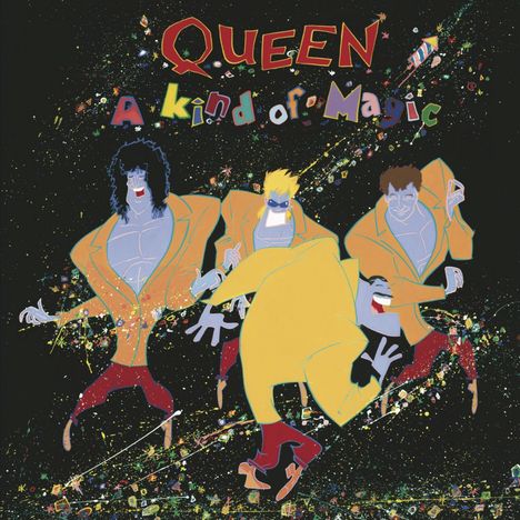 "Queen A Kind of Magic" in bunten Buchstaben; Illustrationen von vier cartoonhaften Figuren mit buntem Hintergrund.