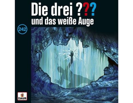 „Die drei ??? und das weiße Auge 242“. Illustration: Silhouette einer Person in einer Höhle, Hand berührt Wasseroberfläche.