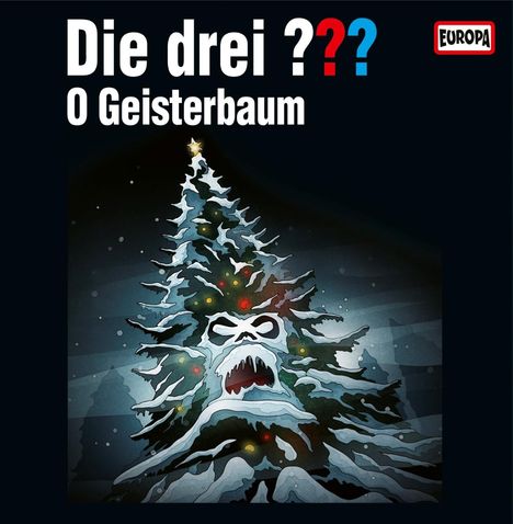 „Die drei ??? O Geisterbaum“ und „EUROPA“. Illustration: Ein Tannenbaum mit schneebedecktem, geisterhaftem Gesicht und bunten Lichtern.