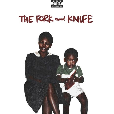 Text: "THE FORK and KNIFE". Eine Frau sitzt neben einem Kind mit einem Buch in der Hand auf einem Stuhl.