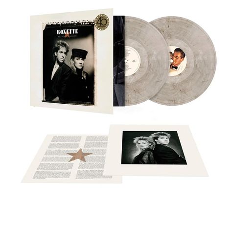 "Roxette", "Pearls of Passion", 40th Anniversary-Logo, zwei Schallplatten, Schwarz-Weiß-Foto von zwei Personen.