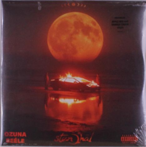 Text: "Ozuna", "Beéle", "Stenhal". Großer roter Mond über einem brennenden Auto mit Reflexion im Wasser.