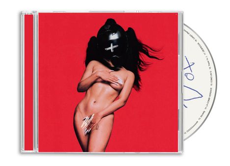 Ein CD-Cover mit rotem Hintergrund zeigt eine nackte Person mit Helm, die den Körper verdeckt. Ein CD-Booklet ist sichtbar.