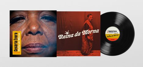 Links steht "Cesária Évora, Reina da Morna". Rechts ein Portrait von Cesária, dazu eine Schallplatte.