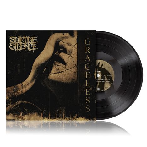 **GRACELESS, Suicide Silence**: Schwarz-goldene Schallplattenhülle mit abstraktem Design, zerklüfteter Textur und einer Vinylschallplatte.