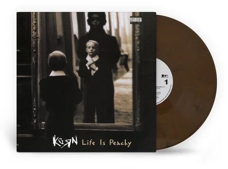 "Life Is Peachy" ist der Text, mit einem Kind, das in einem Spiegel steht. Eine braune Vinyl-Schallplatte ist sichtbar.