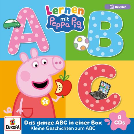 Text: "Lernen mit Peppa Pig", "Das ganze ABC in einer Box", "Kleine Geschichten zum ABC", "Deutsch", "8 CDs". Peppa Pig hält einen Apfel vor buntem Hintergrund.