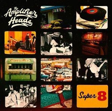 "The Amplifier Heads" und "Super 8". Eine Collage mit Retro-Fotos, darunter Schallplatten, Autos und Alltagsszenen.
