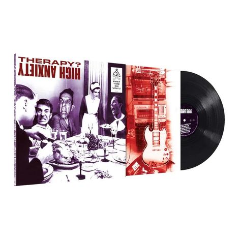 "THERAPY? HIGH ANXIETY" Album-Cover, retro Abendessen und Gitarre abgebildet; Schallplatte daneben.