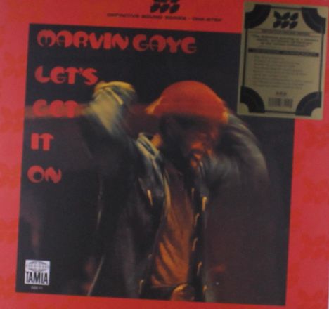 "Marvin Gaye Let's Get It On" in großen Buchstaben, Bild eines Mannes mit roter Mütze, unscharf in Bewegung.
