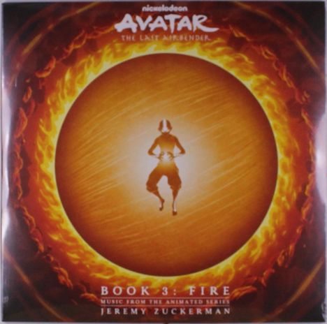 "Avatar: The Last Airbender", Buch 3: Feuer. Figur im Lotussitz vor feurigem Hintergrund in einem Kreis.